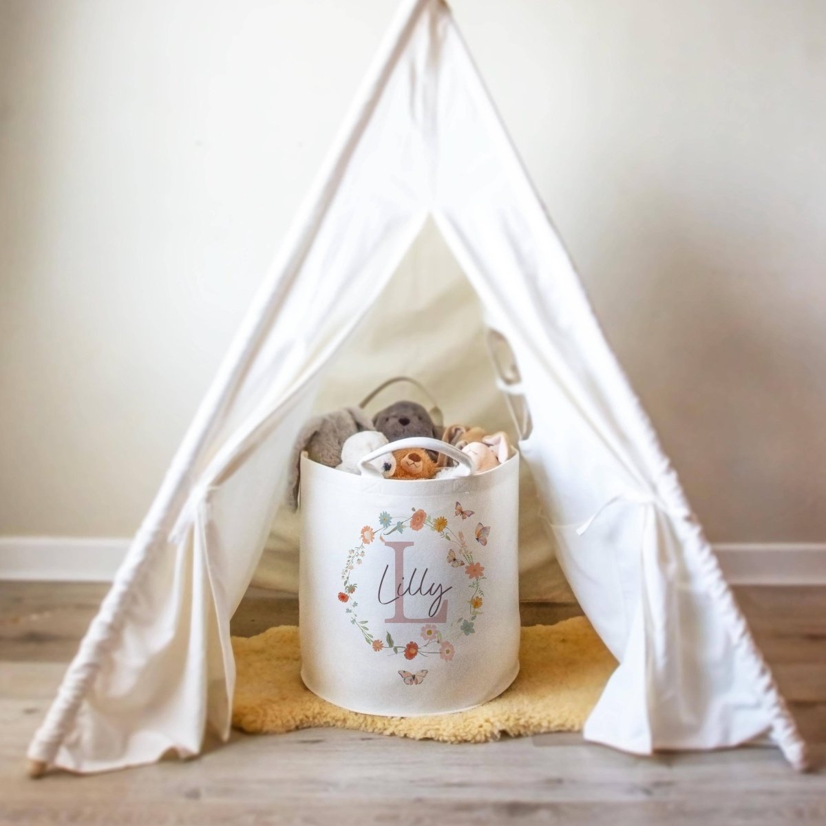 Wildflower Themed Personalised Toy Trug for Kids Room or Nursery - RoseRowanDesign -