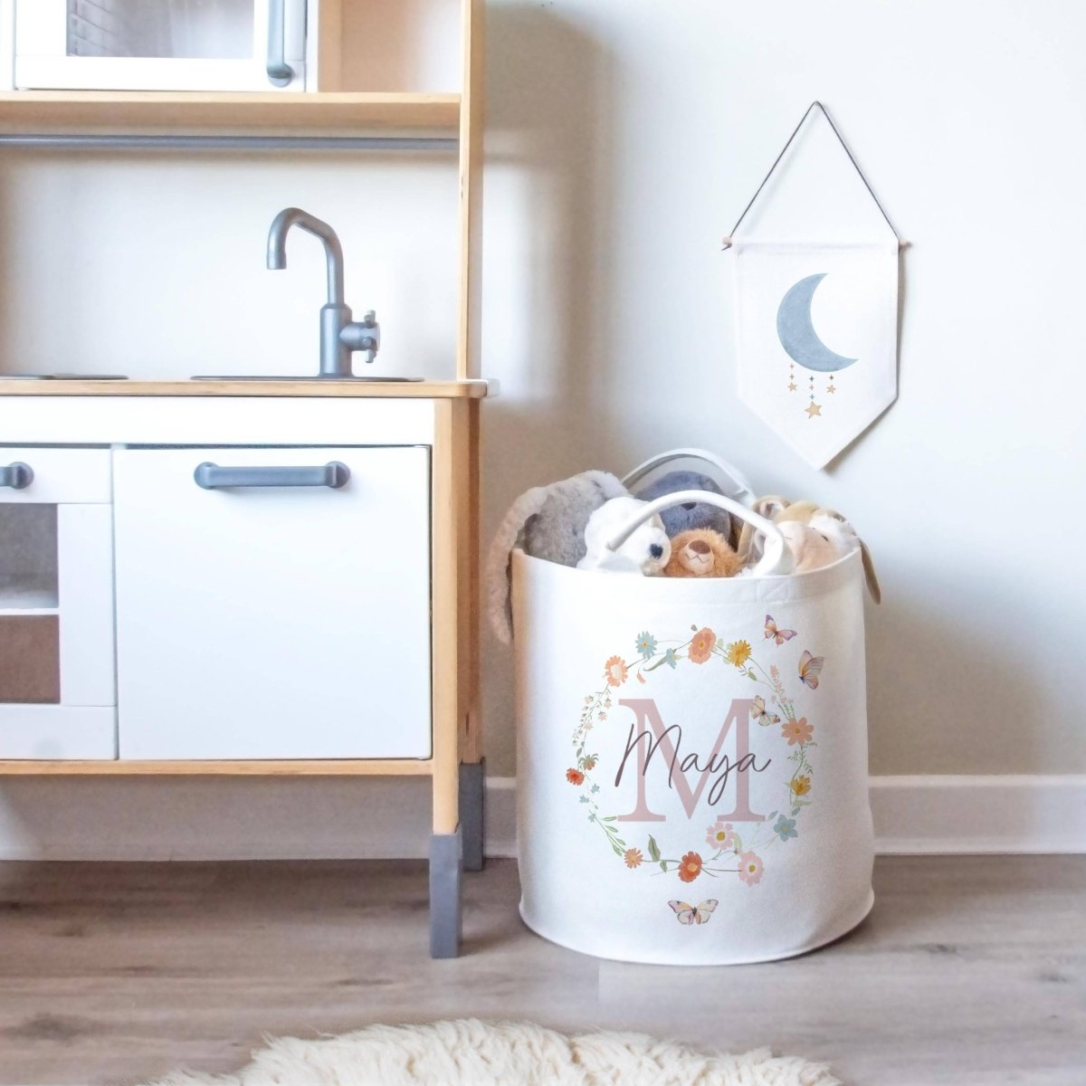 Wildflower Themed Personalised Toy Trug for Kids Room or Nursery - RoseRowanDesign -