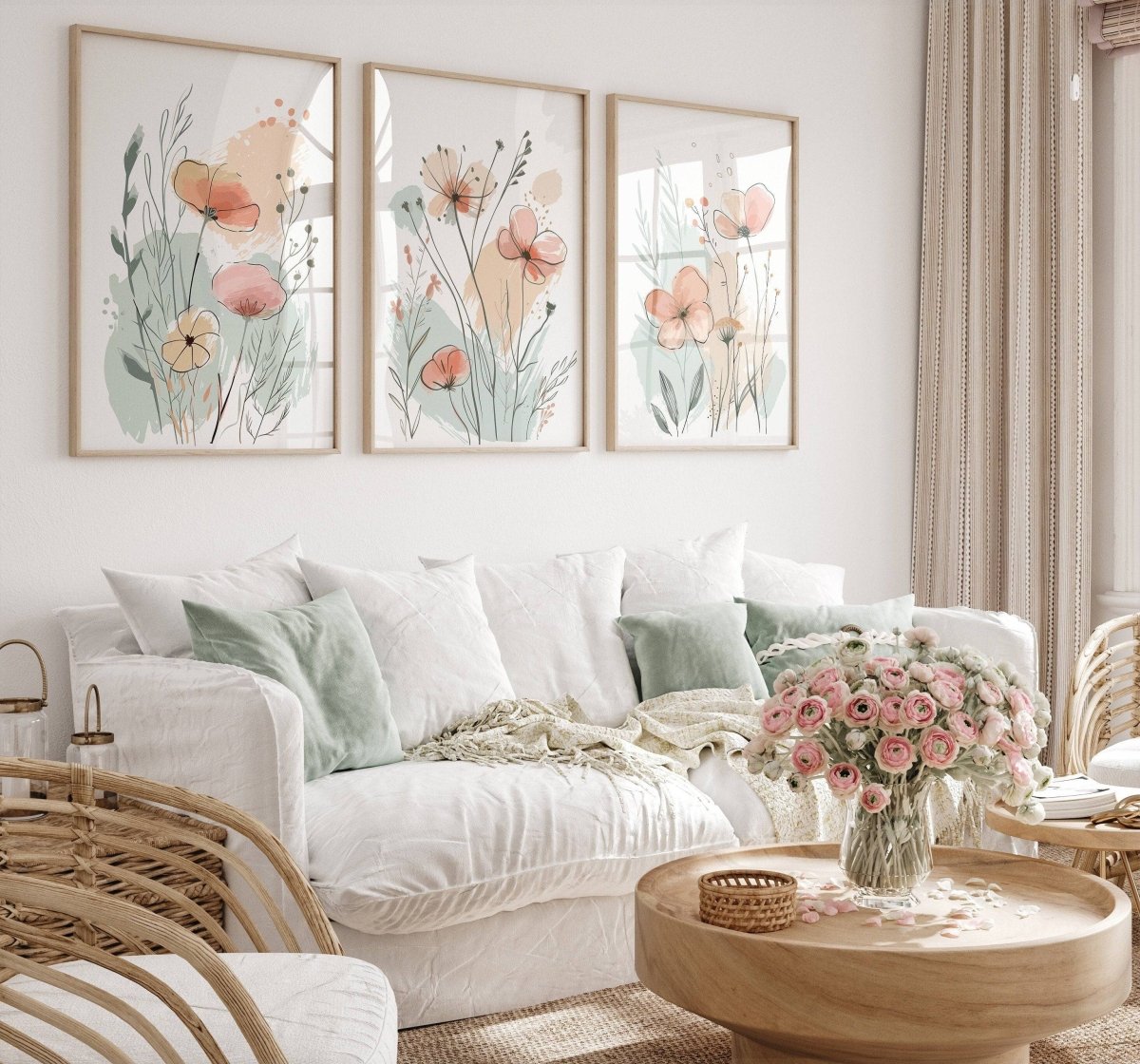 Wildflower Wall Art Prints | Set of 3 | Scandi Floral Decor for Bedroom or Nursery - RoseRowanDesign -