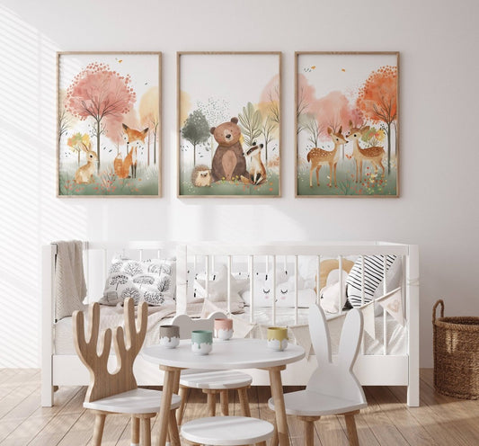 Woodland Animal Nursery Prints | Set of 3 | Blossom Tree & Forest Decor for Unisex Kids' Room - RoseRowanDesign -