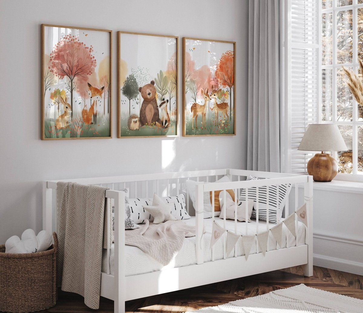 Woodland Animal Nursery Prints | Set of 3 | Blossom Tree & Forest Decor for Unisex Kids' Room - RoseRowanDesign -