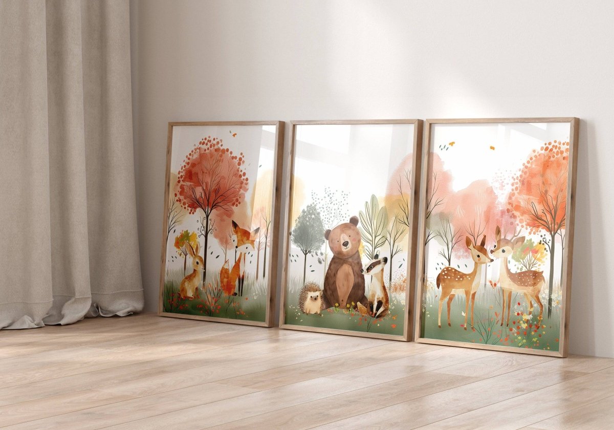 Woodland Animal Nursery Prints | Set of 3 | Blossom Tree & Forest Decor for Unisex Kids' Room - RoseRowanDesign -