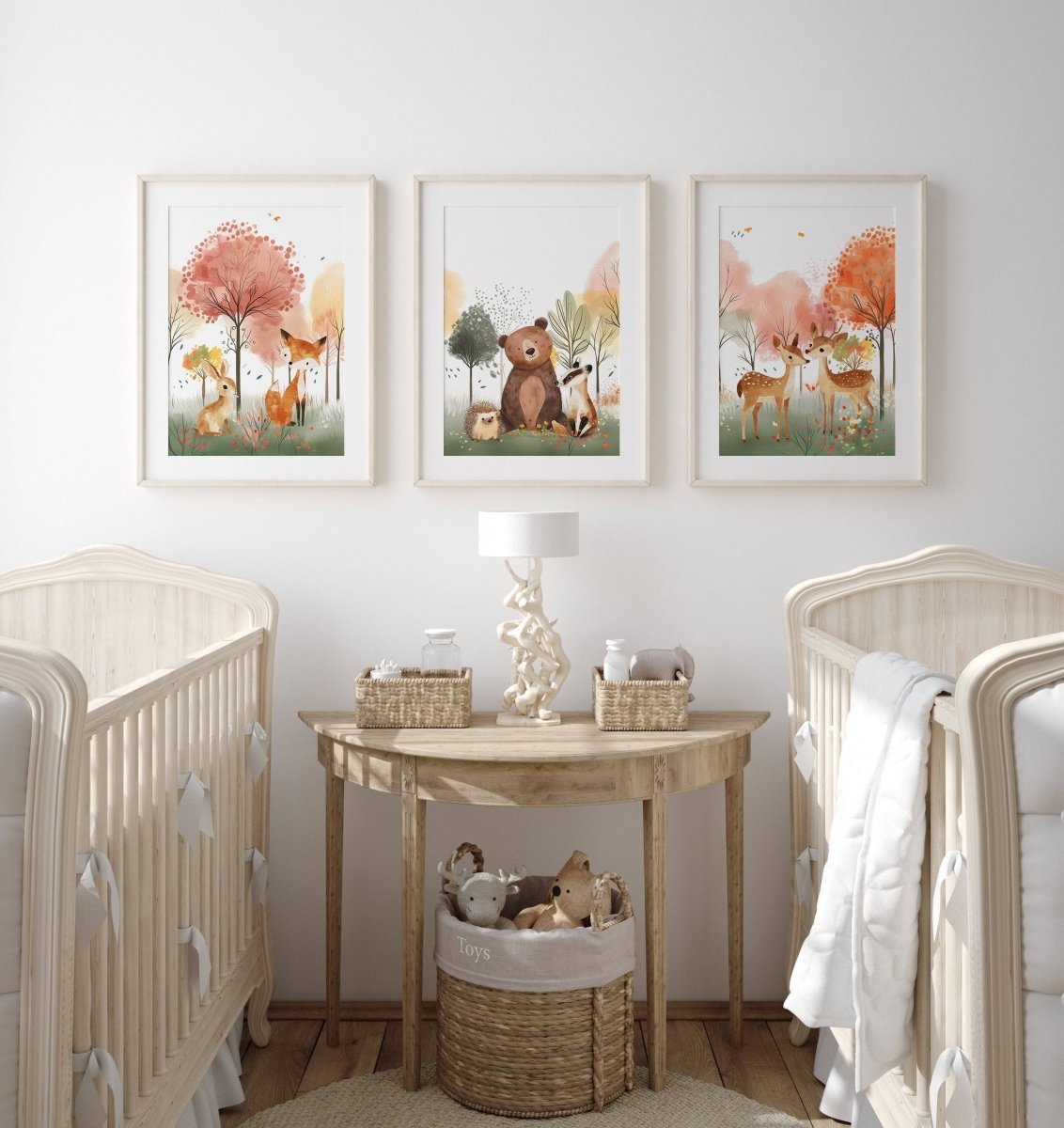 Woodland Animal Nursery Prints | Set of 3 | Blossom Tree & Forest Decor for Unisex Kids' Room - RoseRowanDesign -