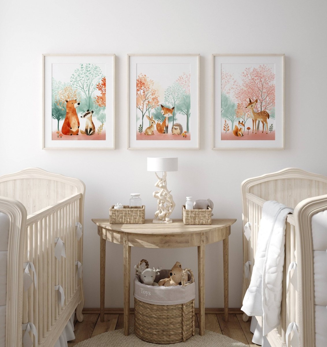 Woodland Animal Nursery Prints | Set of 3 | Blossom Tree & Pink Forest Decor for Girls' Room - RoseRowanDesign -