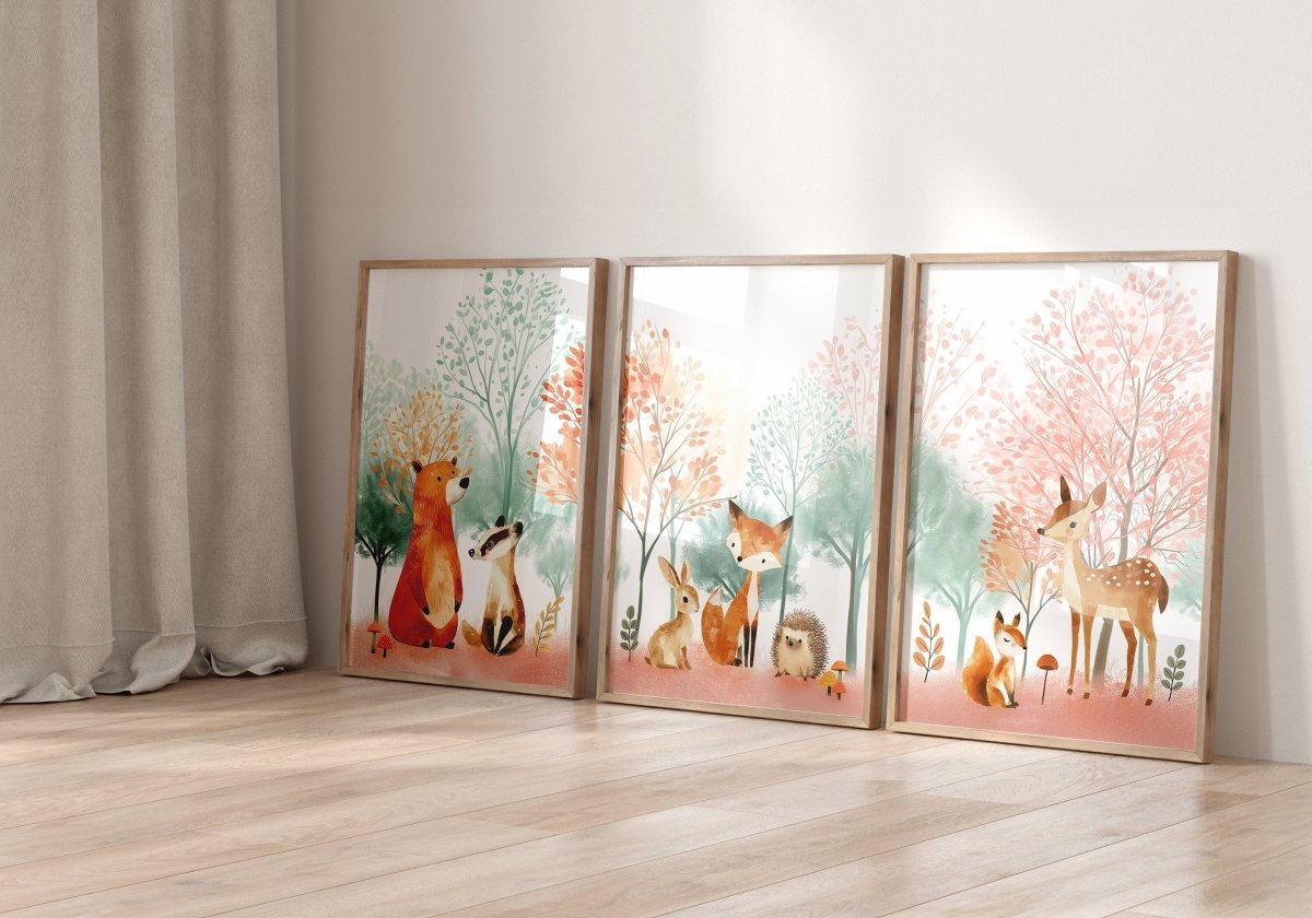 Woodland Animal Nursery Prints | Set of 3 | Blossom Tree & Pink Forest Decor for Girls' Room - RoseRowanDesign -