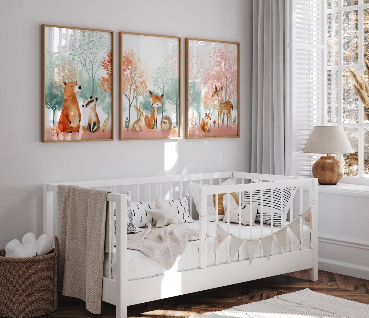 Woodland Animal Nursery Prints | Set of 3 | Blossom Tree & Pink Forest Decor for Girls' Room - RoseRowanDesign -