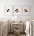 Load image into Gallery viewer, Woodland Animal Nursery Prints | Set of 3 | Floral Forest Decor for Baby Girl's Room - RoseRowanDesign -