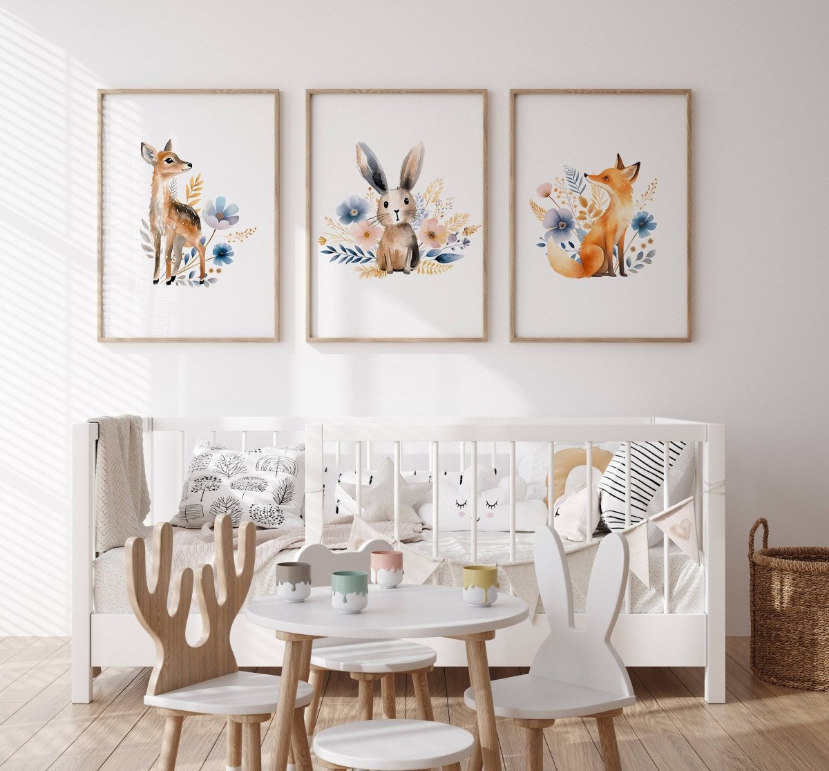 Woodland Animal Nursery Prints | Set of 3 | Floral Forest Decor for Baby Girl's Room - RoseRowanDesign -