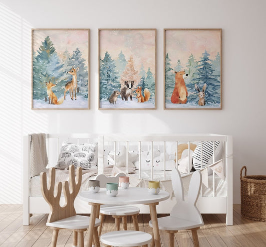 Woodland Animal Nursery Prints | Set of 3 | Gender - Neutral Boho Scandi Forest Decor - RoseRowanDesign -