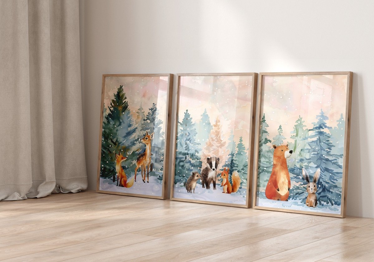 Woodland Animal Nursery Prints | Set of 3 | Gender - Neutral Boho Scandi Forest Decor - RoseRowanDesign -
