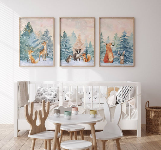 Woodland Animal Nursery Prints | Set of 3 | Gender - Neutral Boho Scandi Forest Decor - RoseRowanDesign -