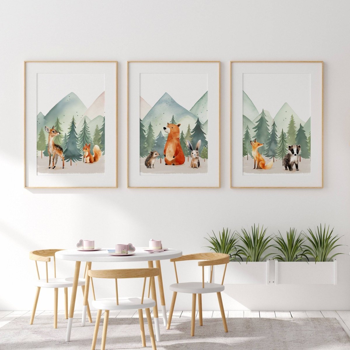 Woodland Animal Nursery Prints | Set of 3 | Green Forest & Mountain Adventure Decor for Unisex Kids' Room - RoseRowanDesign -