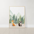Load image into Gallery viewer, Woodland Animal Nursery Prints | Set of 3 | Green Forest & Mountain Adventure Decor for Unisex Kids' Room - RoseRowanDesign -