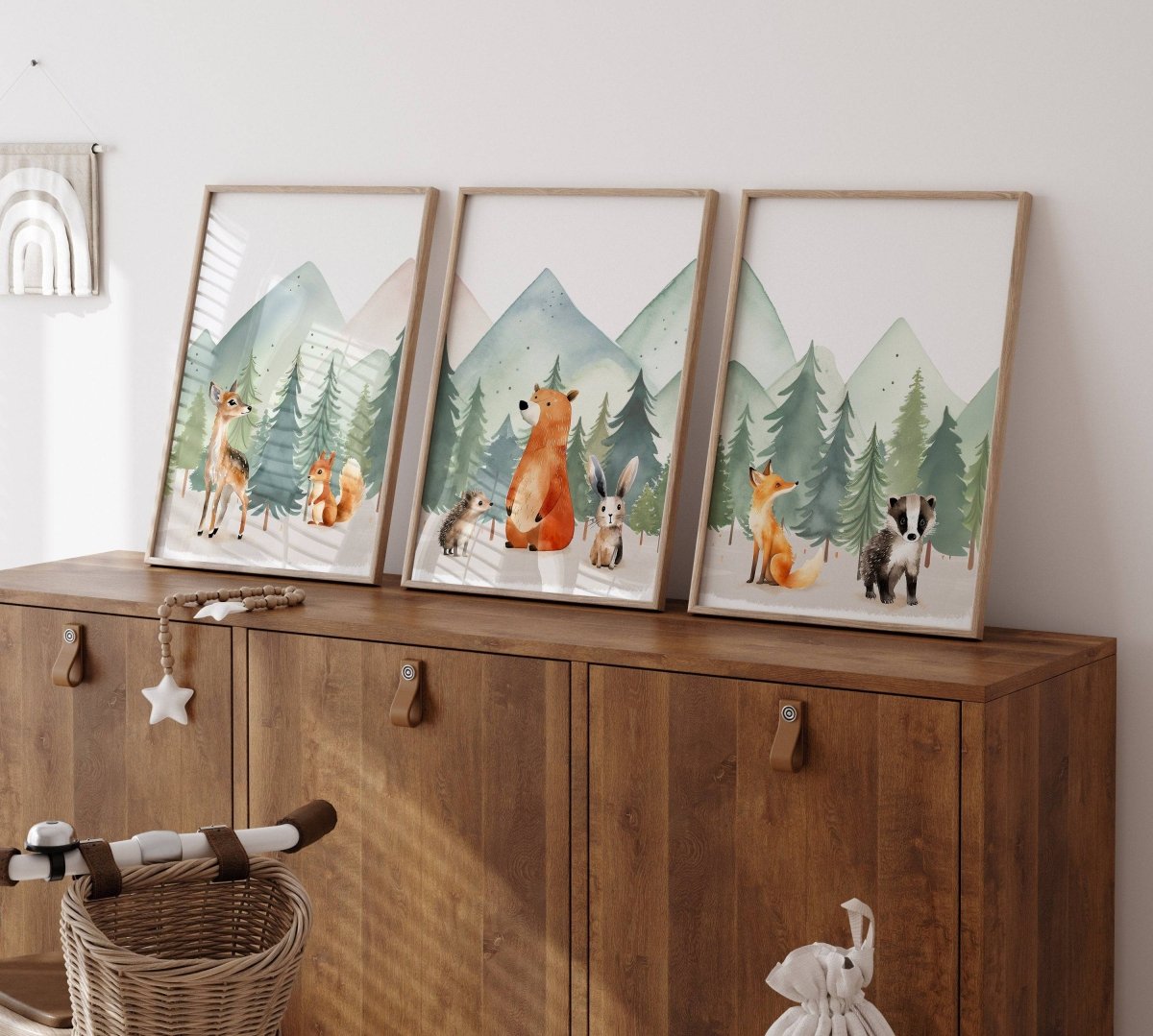 Woodland Animal Nursery Prints | Set of 3 | Green Forest & Mountain Adventure Decor for Unisex Kids' Room - RoseRowanDesign -