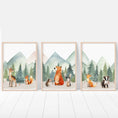 Load image into Gallery viewer, Woodland Animal Nursery Prints | Set of 3 | Green Forest & Mountain Adventure Decor for Unisex Kids' Room - RoseRowanDesign -