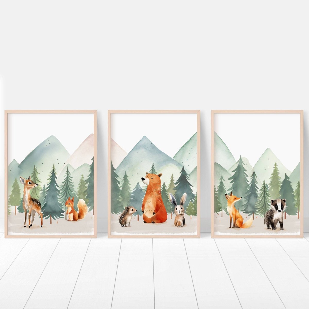 Woodland Animal Nursery Prints | Set of 3 | Green Forest & Mountain Adventure Decor for Unisex Kids' Room - RoseRowanDesign -