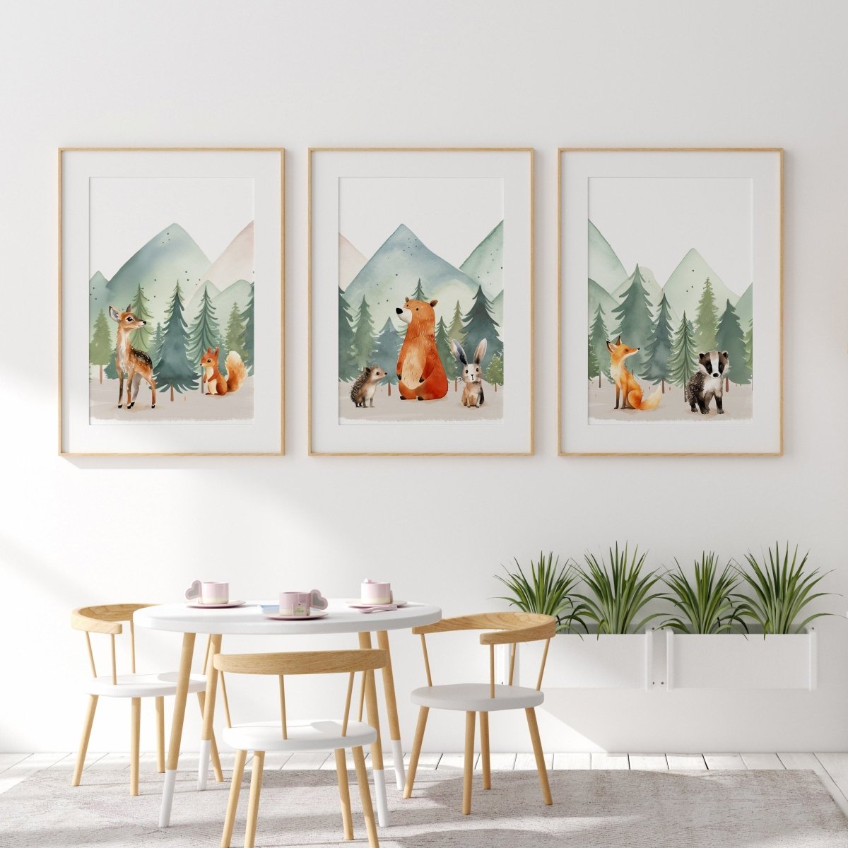 Woodland Animal Nursery Prints | Set of 3 | Green Forest & Mountain Adventure Decor for Unisex Kids' Room - RoseRowanDesign -