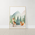 Load image into Gallery viewer, Woodland Animal Nursery Prints | Set of 3 | Green Forest & Mountain Adventure Decor for Unisex Kids' Room - RoseRowanDesign -