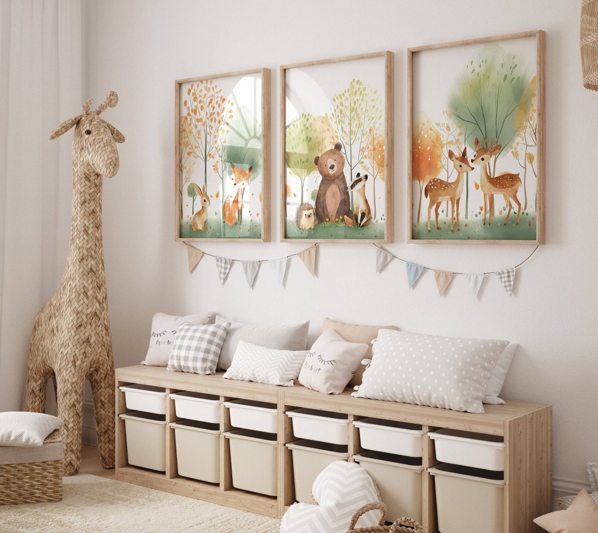 Woodland Animal Nursery Prints | Set of 3 | Green Forest & Scandi Adventure Decor for Unisex Kids' Room - RoseRowanDesign -