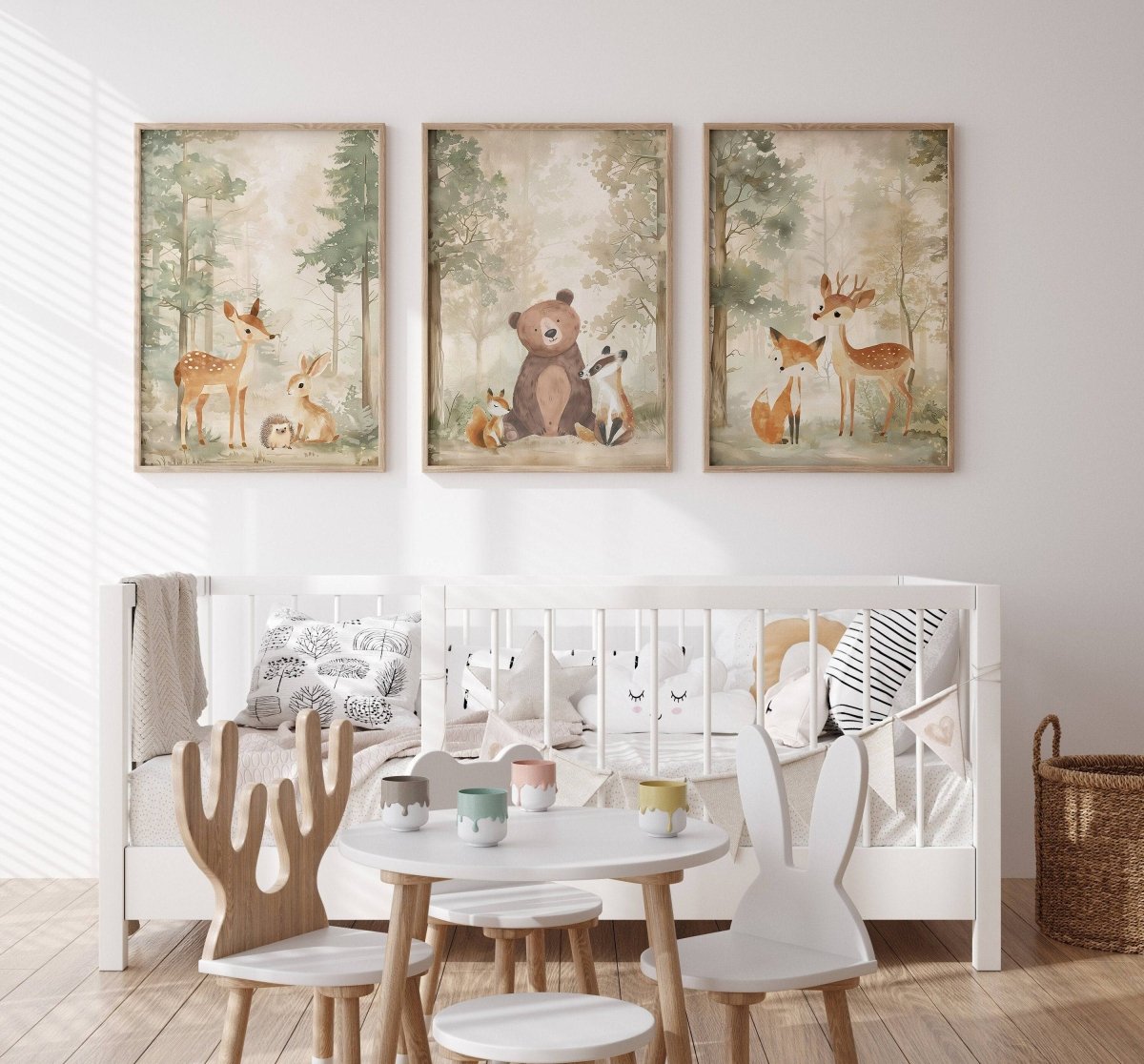 Woodland Animal Nursery Prints | Set of 3 | Neutral Beige & Green Scandi Forest Decor for Kids' Room - RoseRowanDesign -