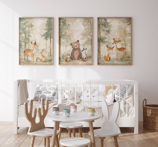 Woodland Animal Nursery Prints | Set of 3 | Neutral Beige & Green Scandi Forest Decor for Kids' Room - RoseRowanDesign -