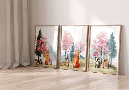 Woodland Animal Nursery Prints | Set of 3 | Pink Forest & Mountain Decor for Girls' Room - RoseRowanDesign -