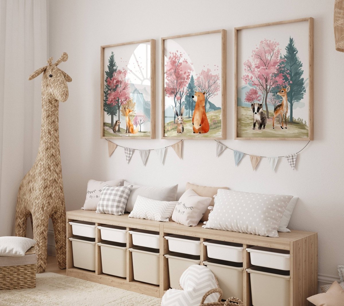 Woodland Animal Nursery Prints | Set of 3 | Pink Forest & Mountain Decor for Girls' Room - RoseRowanDesign -