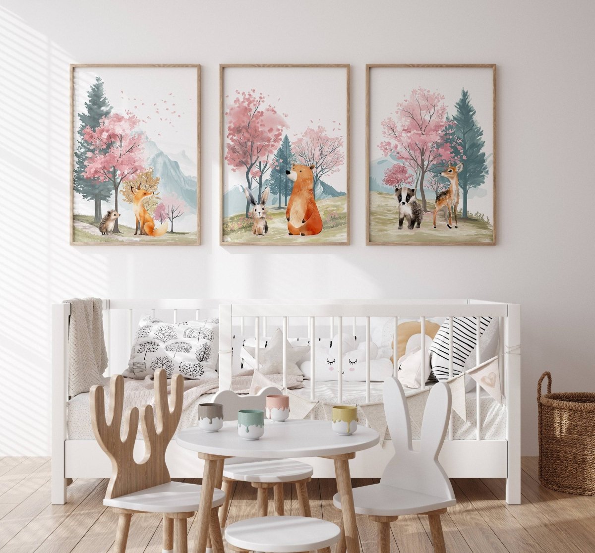Woodland Animal Nursery Prints | Set of 3 | Pink Forest & Mountain Decor for Girls' Room - RoseRowanDesign -