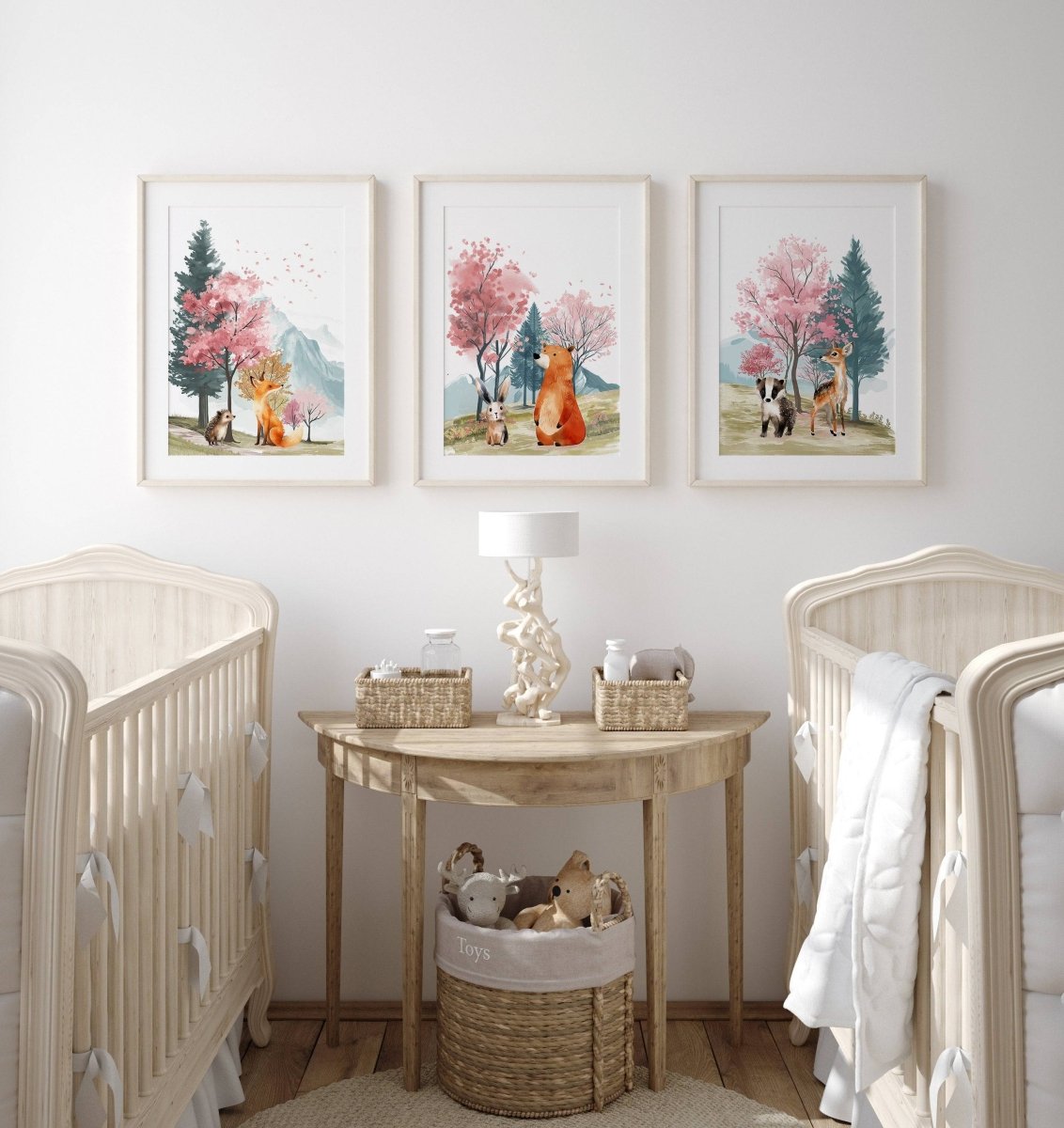Woodland Animal Nursery Prints | Set of 3 | Pink Forest & Mountain Decor for Girls' Room - RoseRowanDesign -