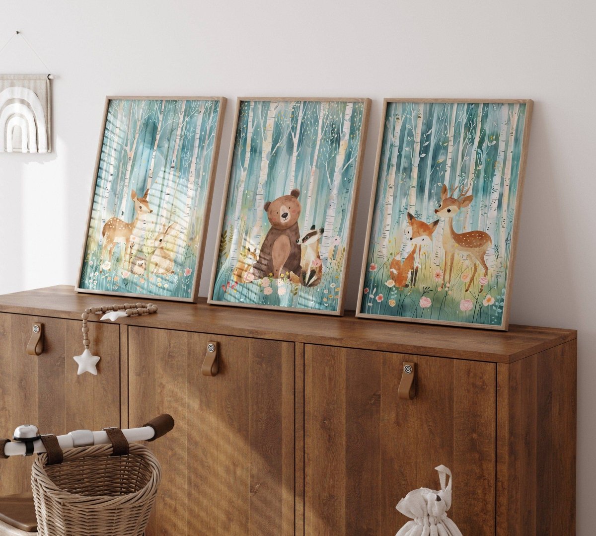 Woodland Animal Nursery Prints | Set of 3 | Teal Forest Scandi & Boho Decor for Kids' Room - RoseRowanDesign -