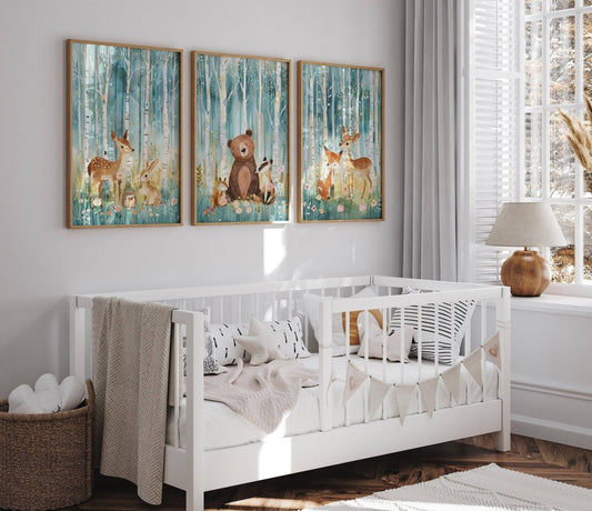 Woodland Animal Nursery Prints | Set of 3 | Teal Forest Scandi & Boho Decor for Kids' Room - RoseRowanDesign -