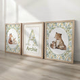 Load image into Gallery viewer, Woodland Animal Nursery Prints, Set of 3 with Personalised Name, Fox Bear Bunny Wall Art in White or Oak Frames, Baby Room Forest Decor - RoseRowanDesign -
