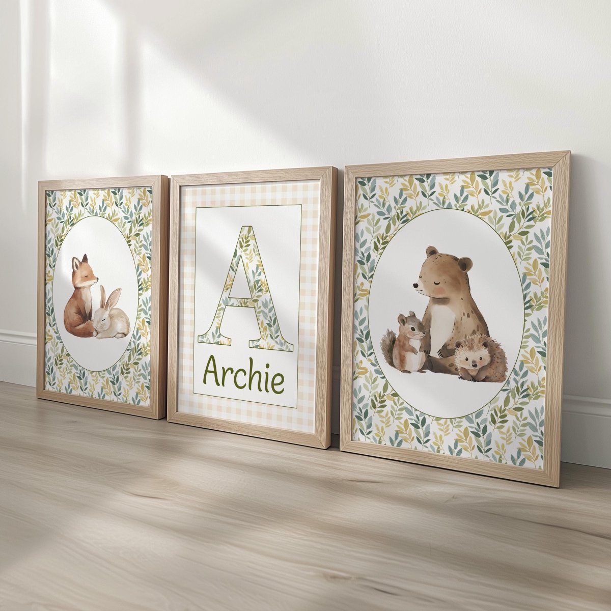 Woodland Animal Nursery Prints, Set of 3 with Personalised Name, Fox Bear Bunny Wall Art in White or Oak Frames, Baby Room Forest Decor - RoseRowanDesign -