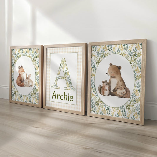 Woodland Animal Nursery Prints, Set of 3 with Personalised Name, Fox Bear Bunny Wall Art in White or Oak Frames, Baby Room Forest Decor - RoseRowanDesign -