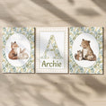 Load image into Gallery viewer, Woodland Animal Nursery Prints, Set of 3 with Personalised Name, Fox Bear Bunny Wall Art in White or Oak Frames, Baby Room Forest Decor - RoseRowanDesign -