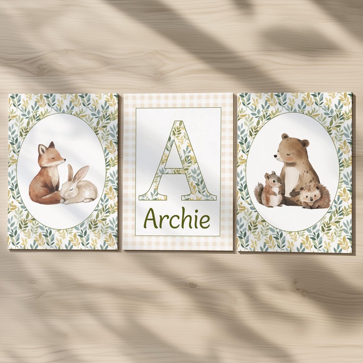 Woodland Animal Nursery Prints, Set of 3 with Personalised Name, Fox Bear Bunny Wall Art in White or Oak Frames, Baby Room Forest Decor - RoseRowanDesign -