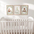 Load image into Gallery viewer, Woodland Animal Nursery Prints, Set of 3 with Personalised Name, Fox Bear Bunny Wall Art in White or Oak Frames, Baby Room Forest Decor - RoseRowanDesign -