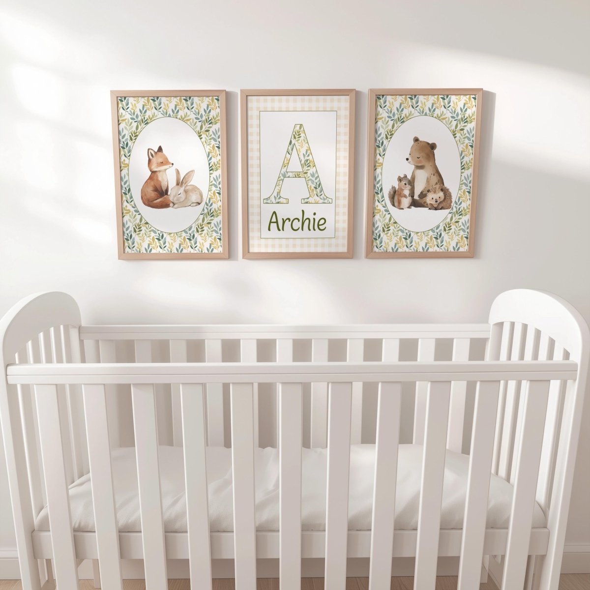 Woodland Animal Nursery Prints, Set of 3 with Personalised Name, Fox Bear Bunny Wall Art in White or Oak Frames, Baby Room Forest Decor - RoseRowanDesign -