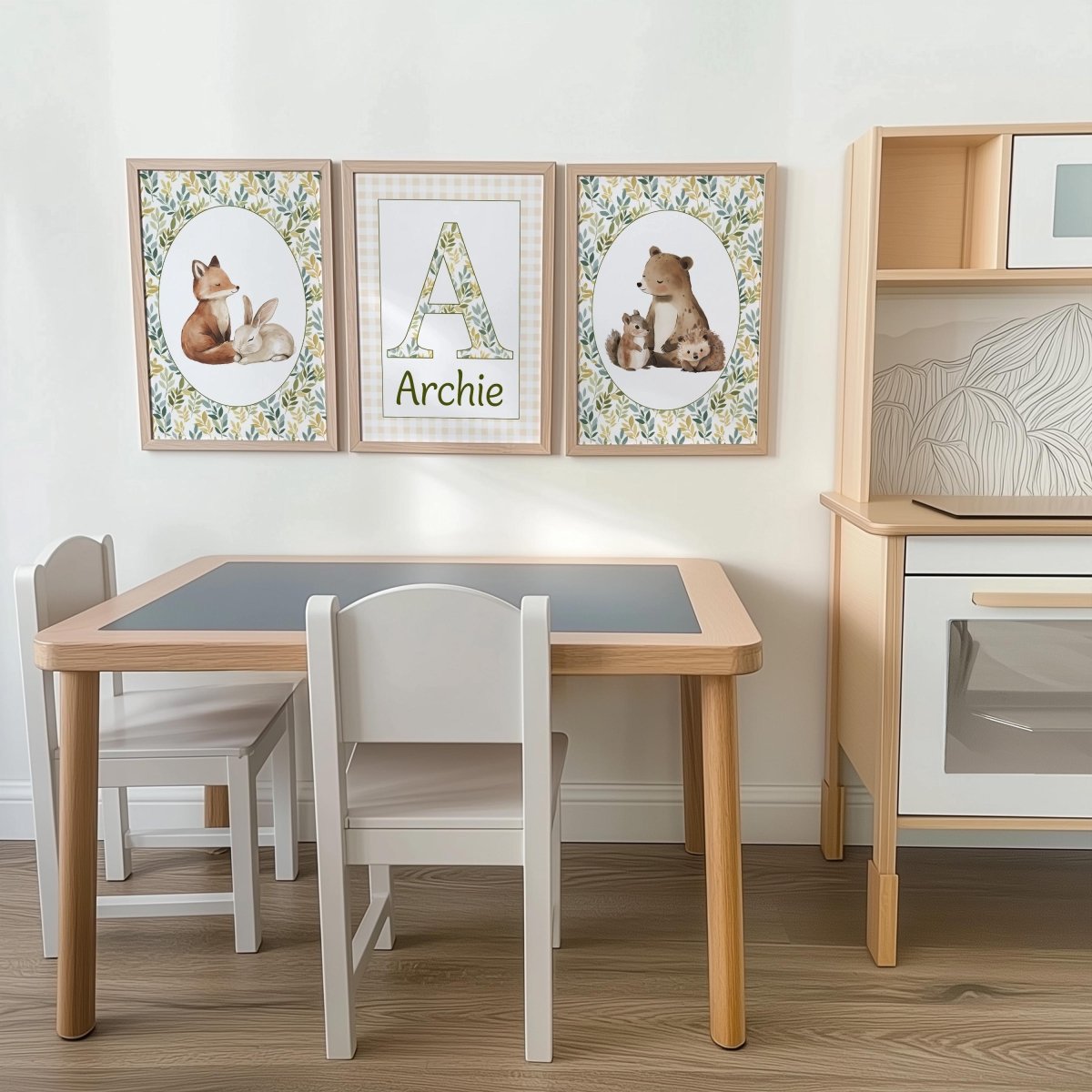 Woodland Animal Nursery Prints, Set of 3 with Personalised Name, Fox Bear Bunny Wall Art in White or Oak Frames, Baby Room Forest Decor - RoseRowanDesign -