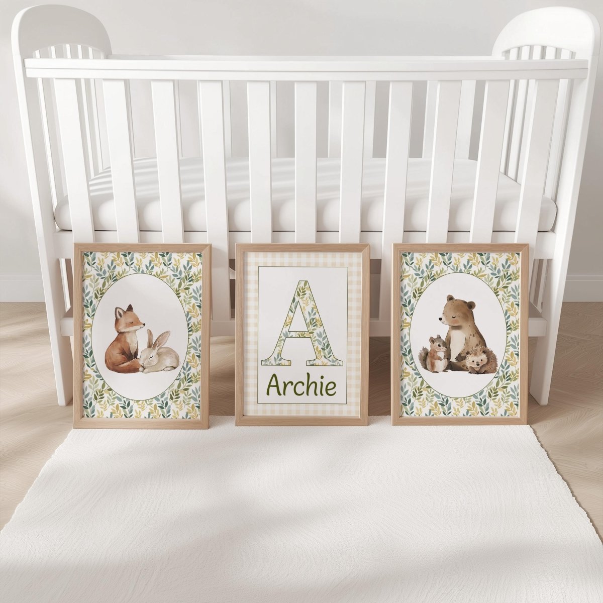 Woodland Animal Nursery Prints, Set of 3 with Personalised Name, Fox Bear Bunny Wall Art in White or Oak Frames, Baby Room Forest Decor - RoseRowanDesign -