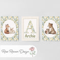 Load image into Gallery viewer, Woodland Animal Nursery Prints, Set of 3 with Personalised Name, Fox Bear Bunny Wall Art in White or Oak Frames, Baby Room Forest Decor - RoseRowanDesign -