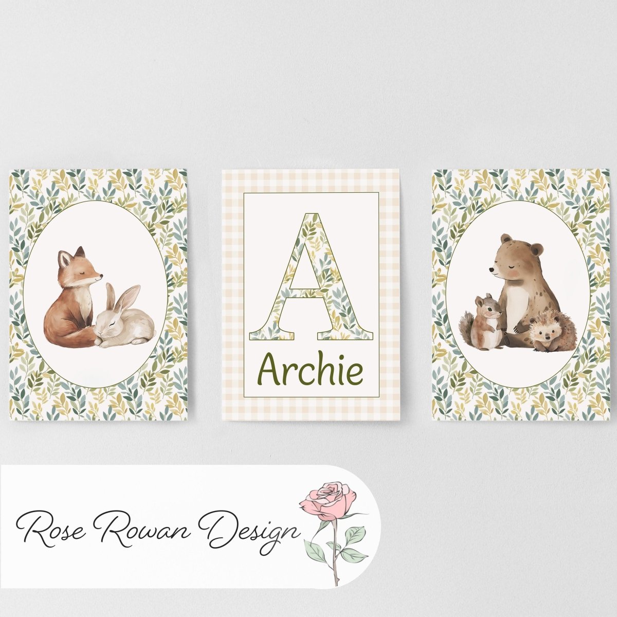 Woodland Animal Nursery Prints, Set of 3 with Personalised Name, Fox Bear Bunny Wall Art in White or Oak Frames, Baby Room Forest Decor - RoseRowanDesign -