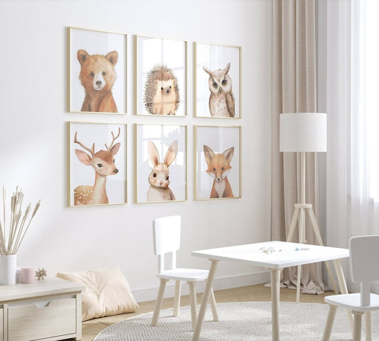Woodland Animal Nursery Prints | Set of 6 | Gender - Neutral Forest Decor for Baby's Room - RoseRowanDesign -