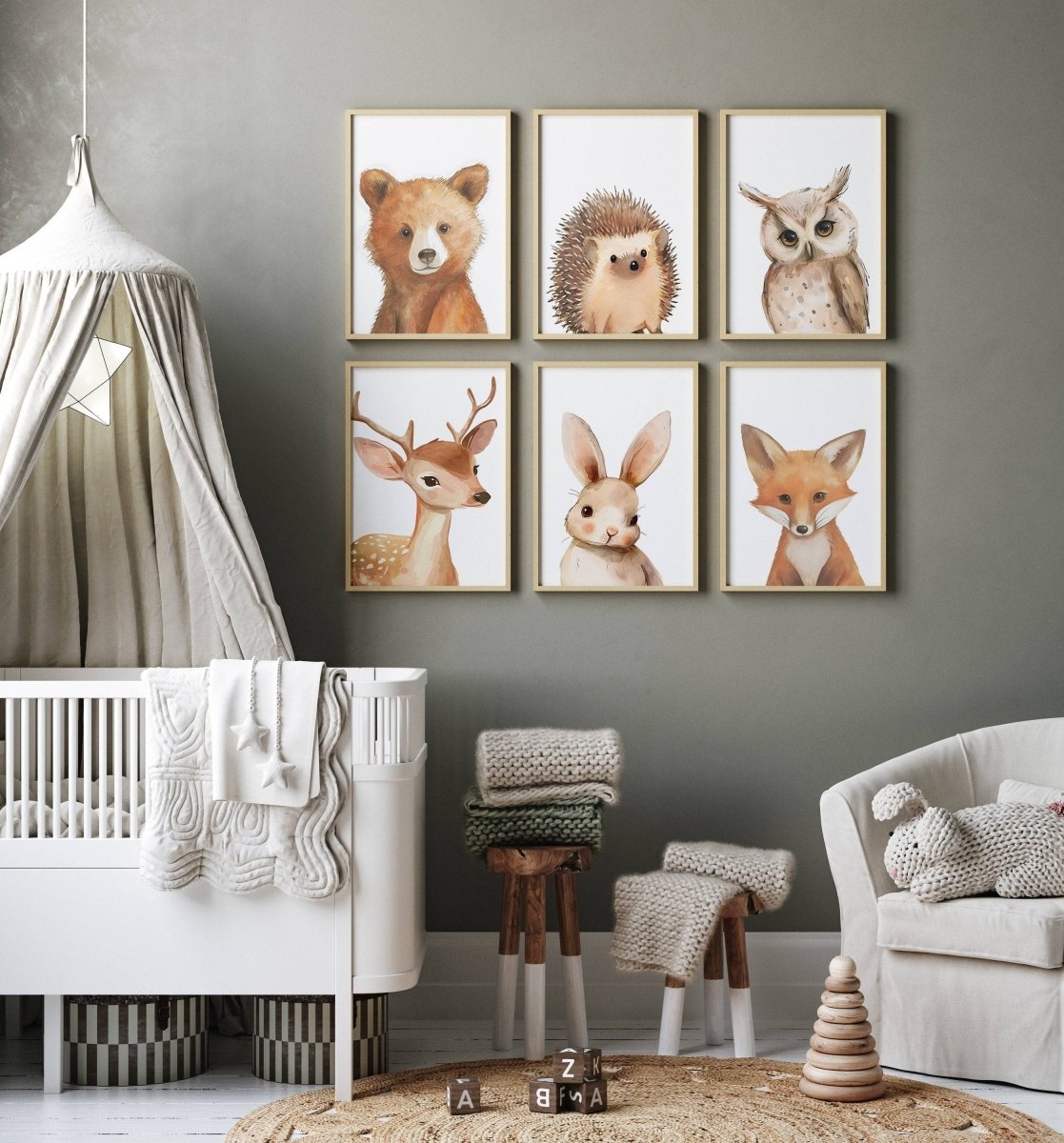 Woodland Animal Nursery Prints | Set of 6 | Gender - Neutral Forest Decor for Baby's Room - RoseRowanDesign -