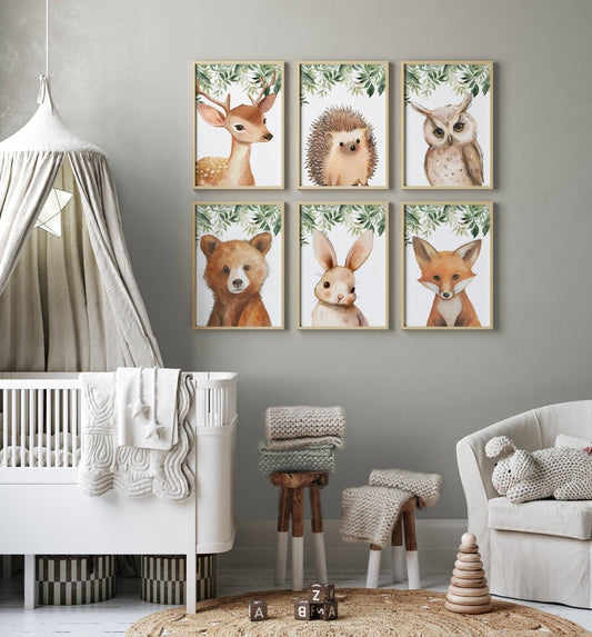 Woodland Animal Nursery Prints | Set of 6 | Green Forest & Gender - Neutral Decor for Baby's Room - RoseRowanDesign -