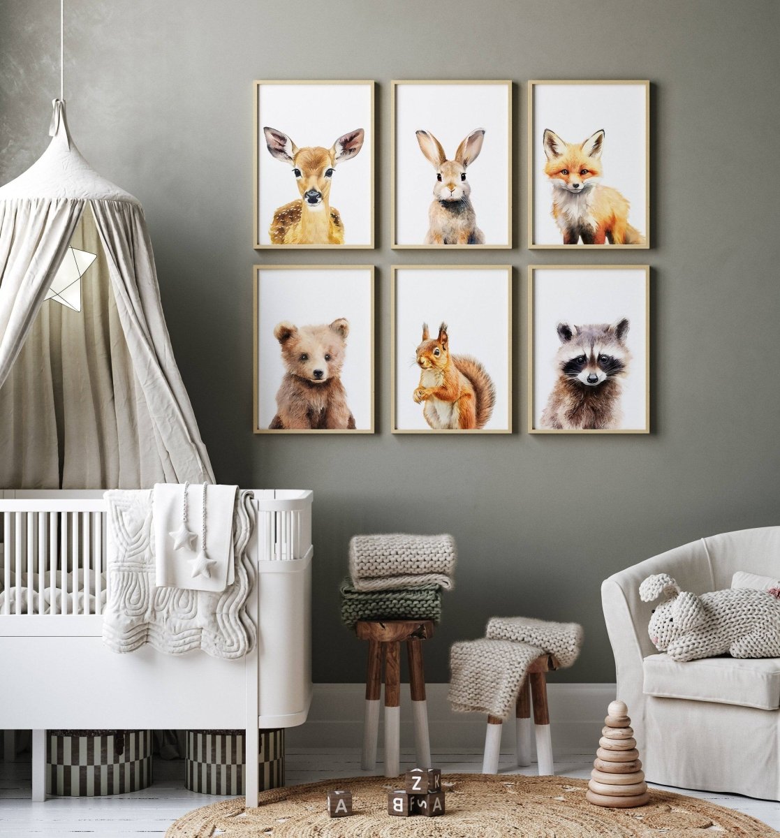 Woodland Animal Nursery Prints | Set of 6 | Neutral Forest Decor for Baby's Room - RoseRowanDesign -