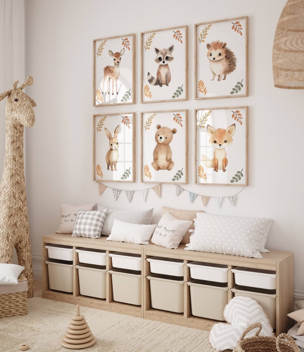 Woodland Animal Nursery Prints | Set of 6 | Neutral Forest Decor with Fox, Bunny, Deer & Bear - RoseRowanDesign - Wall Art