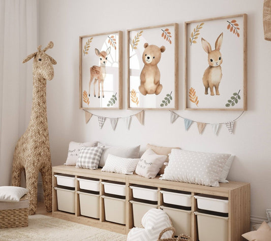Woodland Animal Nursery Prints | Set of 6 | Neutral Forest Decor with Fox, Bunny, Deer & Bear - RoseRowanDesign - Wall Art