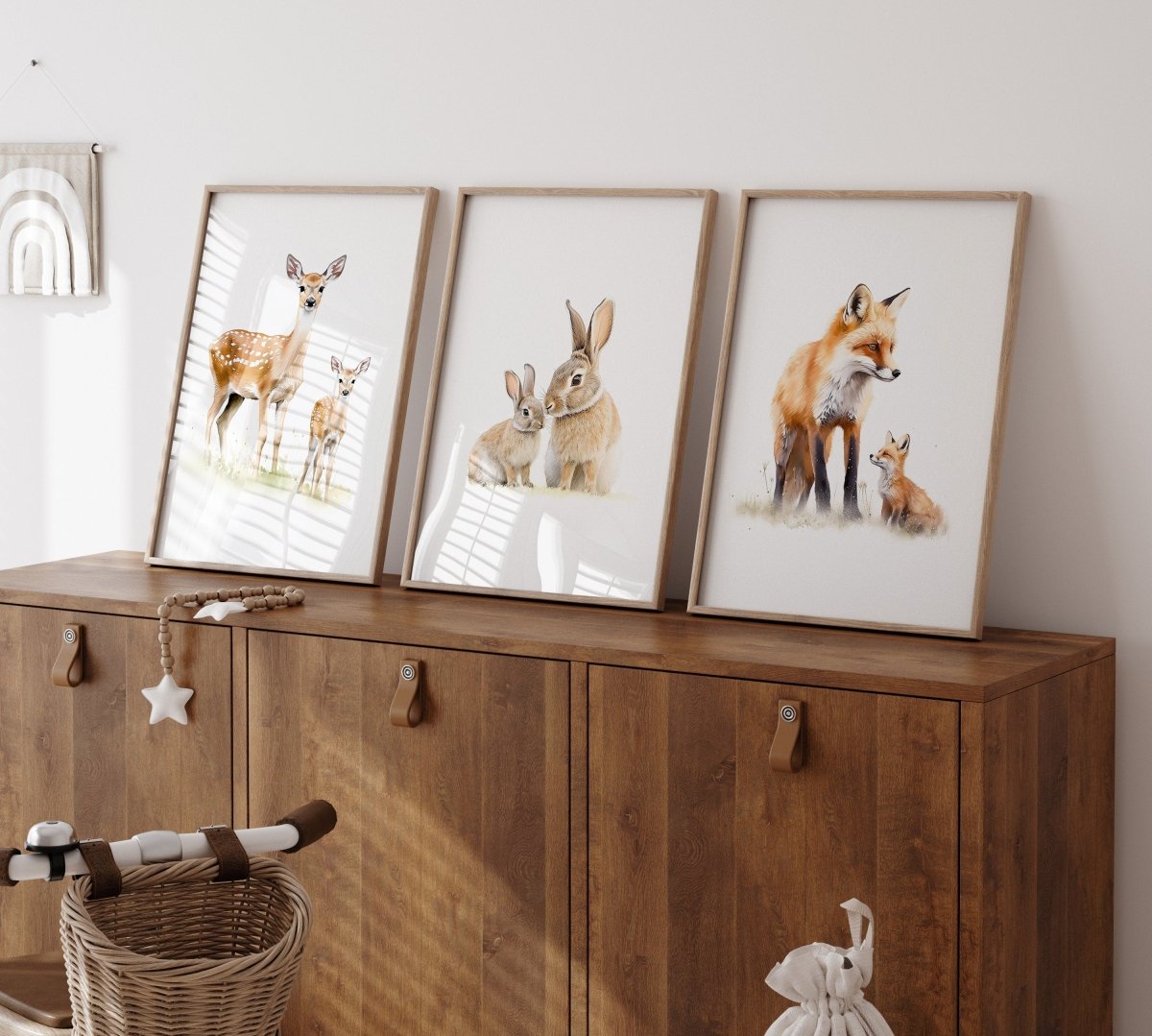 Woodland Animal Nursery Wall Prints | Set of 3 | Neutral Forest Animal Art for Baby’s Room - RoseRowanDesign -