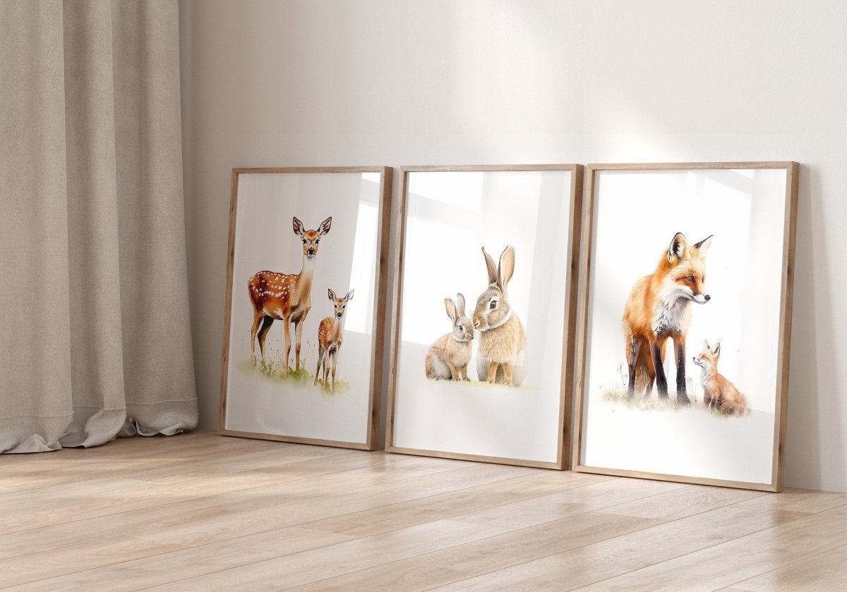 Woodland Animal Nursery Wall Prints | Set of 3 | Neutral Forest Animal Art for Baby’s Room - RoseRowanDesign -